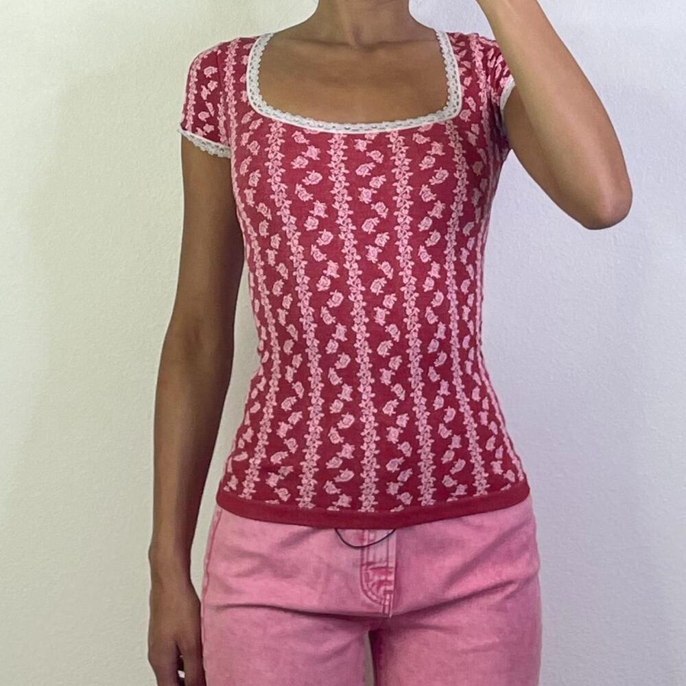 Urban Outfitters Red Floral Print Square Neck Top
